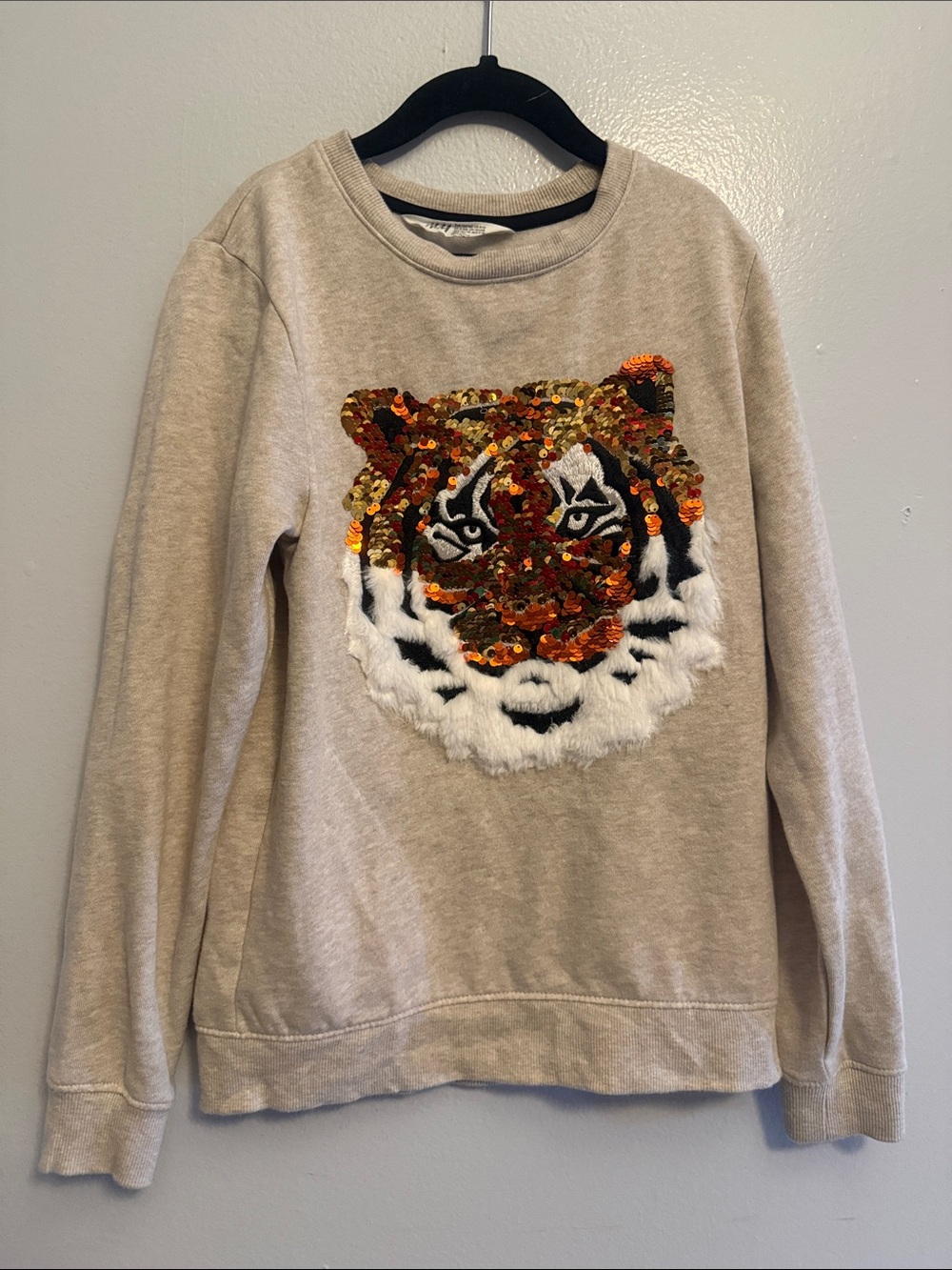 H&M Beige Sweatshirt with Sequin & Faux-Fur Tiger Face